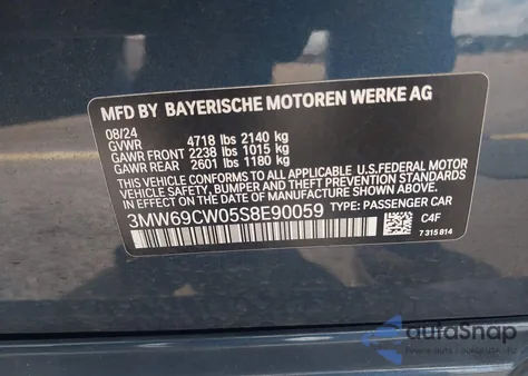 2025 BMW 330I из США, поврежденный, VIN 3MW69CW05S8E90059